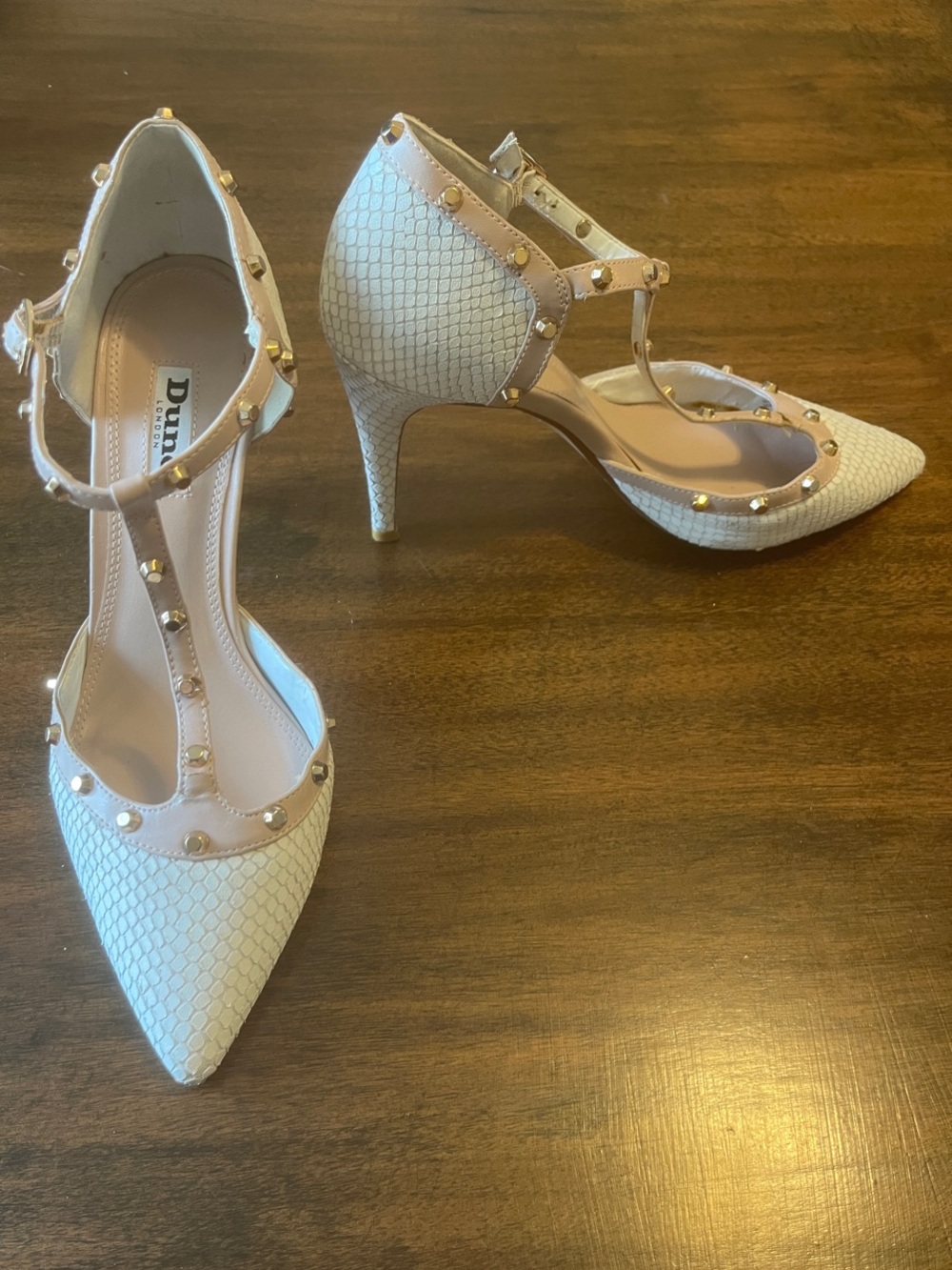 Dune London Cliopatra Ivory Crocodile-like Pointed T-Strap Heels Rose Gold Studs